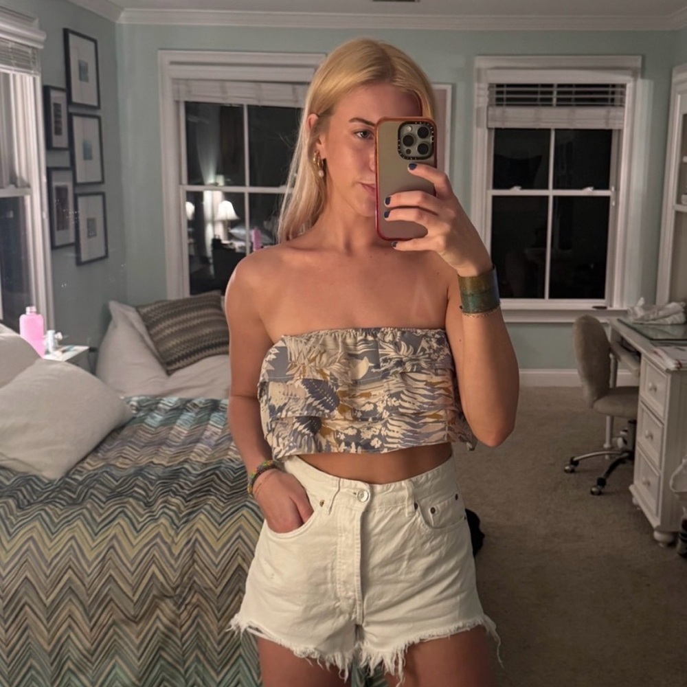 Blush Strapless Floral Crop Top in Beige and Blue